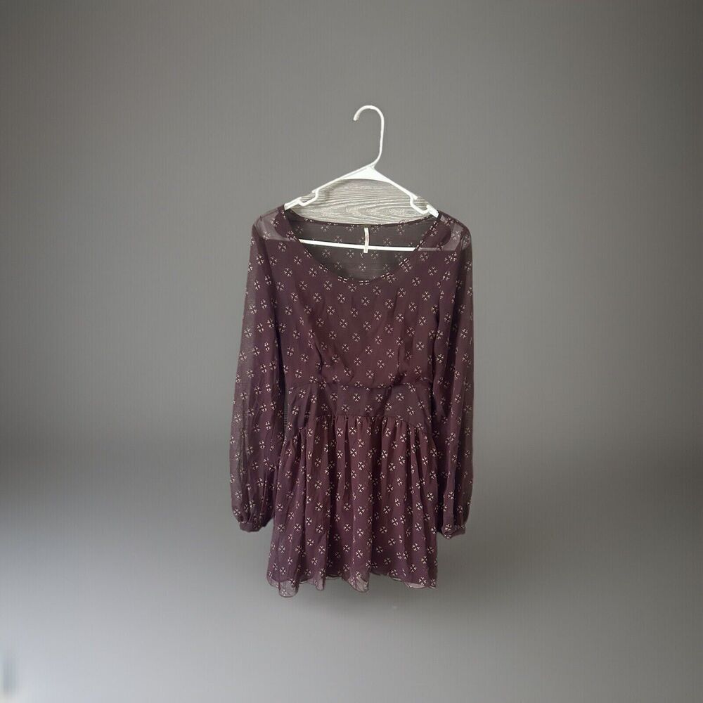 Free People Baby Dee Dress Maroon‎ A Line Burgundy XS Retro Geometric